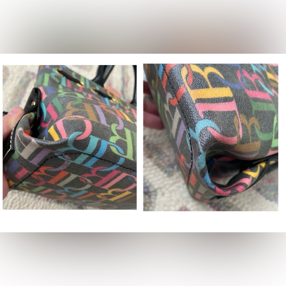 Dooney & Bourke Multicolor DB Monogram Drawstring Bag Canvas Leather Trim Y2K - Picture 10 of 14